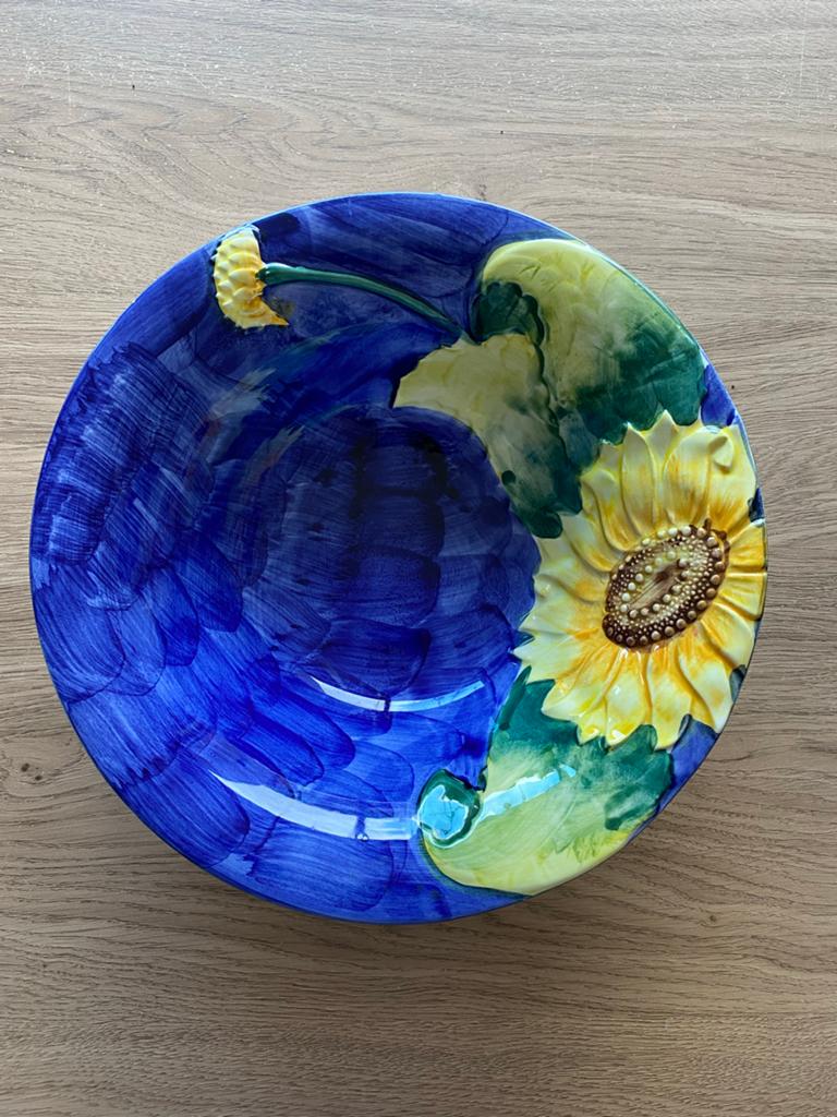 Handbeschilderde Italiaanse Majolica Schaal - Zonnebloem, Ophalen of Verzenden
