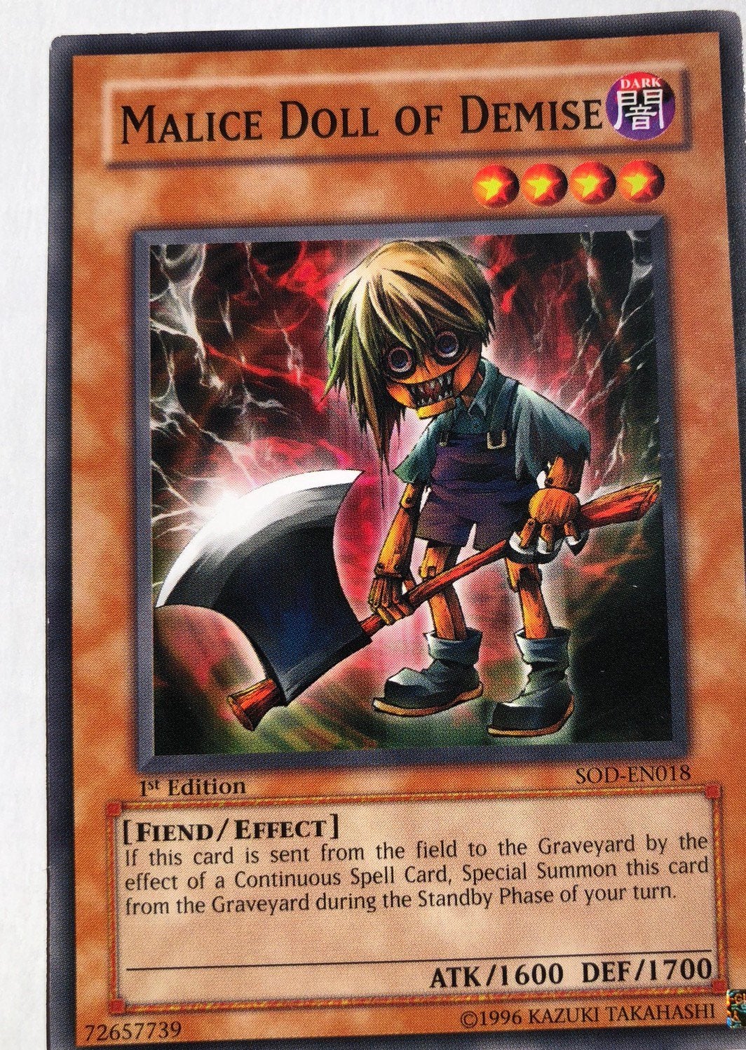 Yu-Gi-Oh! Malice Doll of Demise SOD 1st Edition !, Ophalen of Verzenden, Zo goed als nieuw, Losse kaart