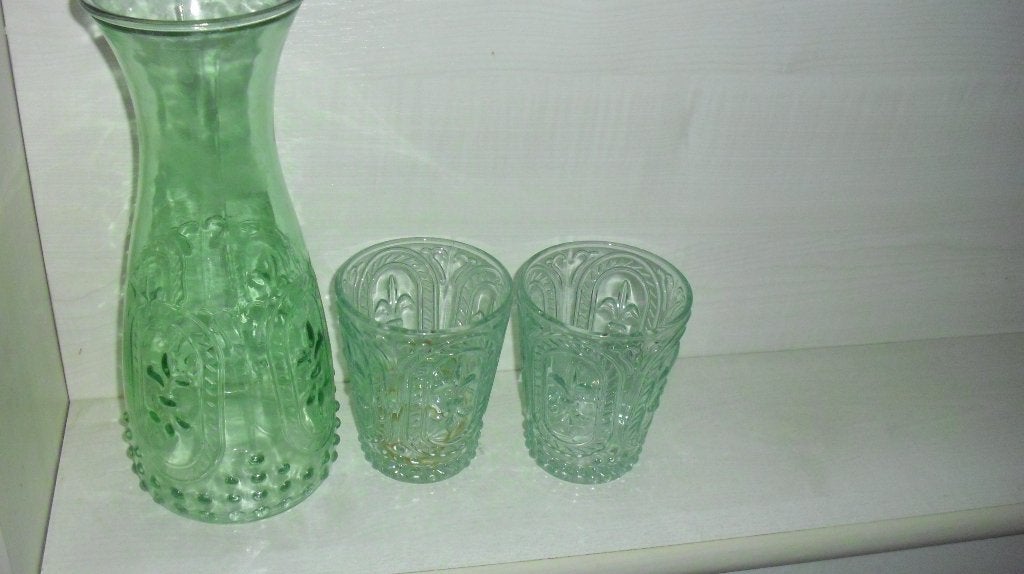 Groen glas Waterkaraf met glazen, Ophalen of Verzenden
