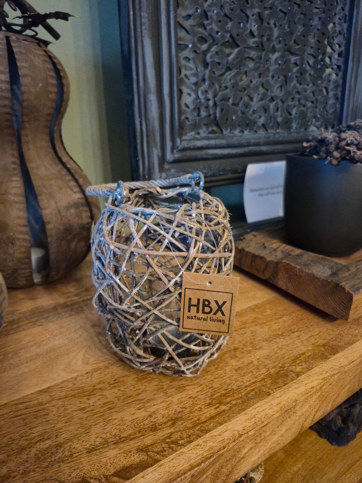 Decoratieve lantaarn van gevlochten takken, 15cm hoog, Nieuw, Ophalen of Verzenden, Landelijk, Natuurlijk materiaal