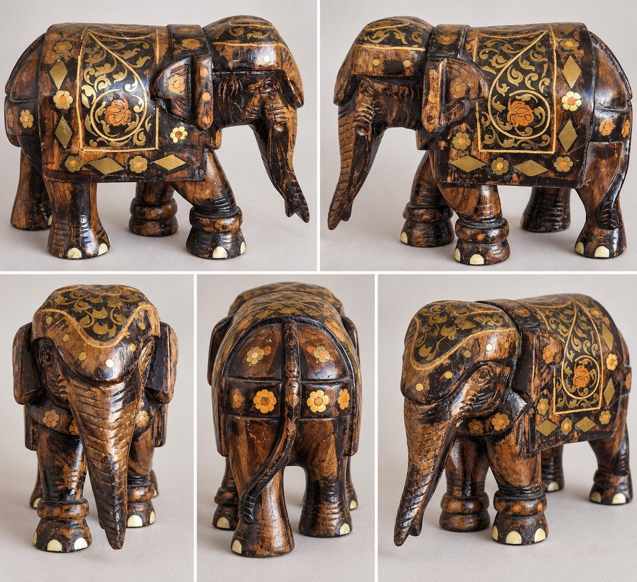 Vintage houten olifant met decoratief houtsnijwerk, Antiek en Kunst, Ophalen of Verzenden