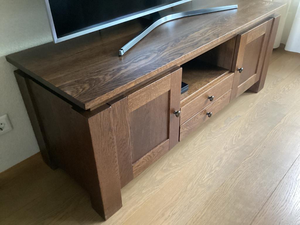 Massief eiken tv-meubel, Ophalen, Gebruikt, 100 tot 150 cm, Eikenhout