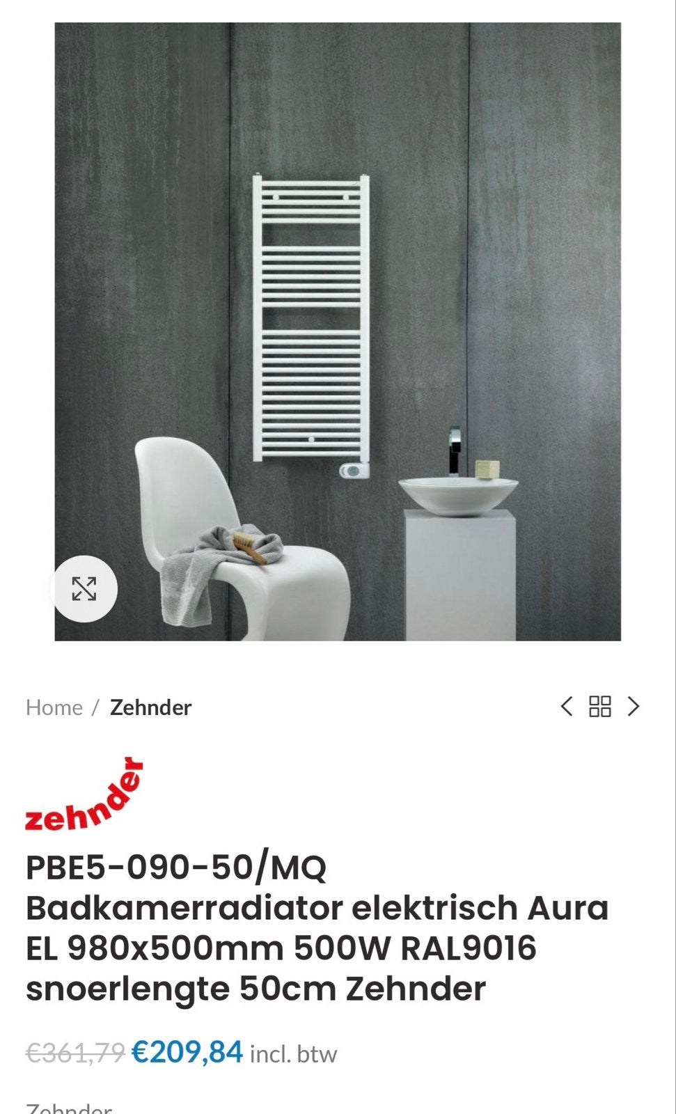 Nieuwe Zehnder Elektrische Badkamerradiator 500W, Ophalen, 500 tot 800 watt, Radiator, Nieuw