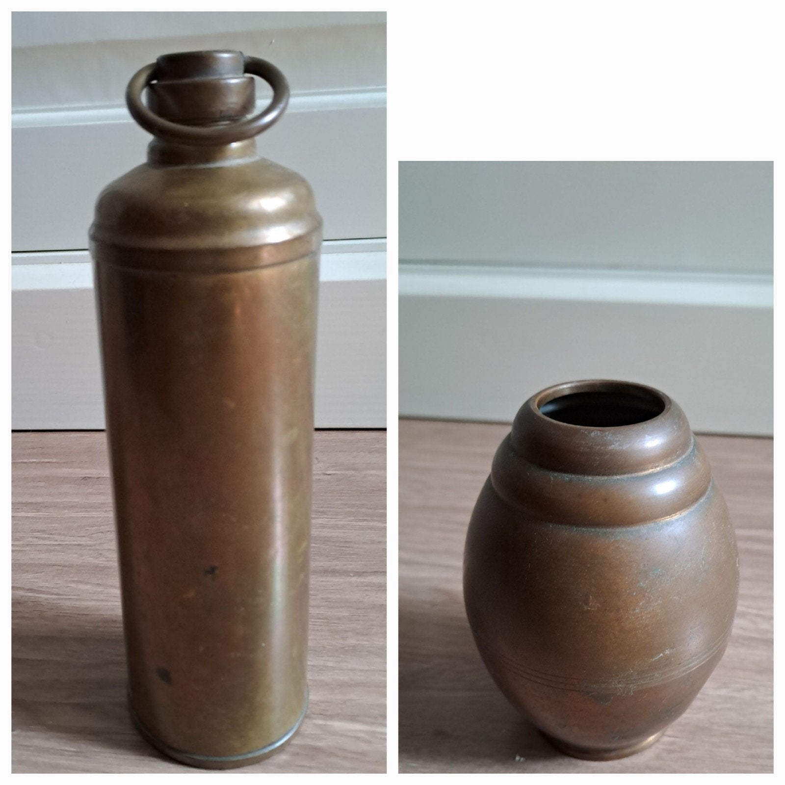 Antieke set koperen fles en vaasje, Ophalen of Verzenden