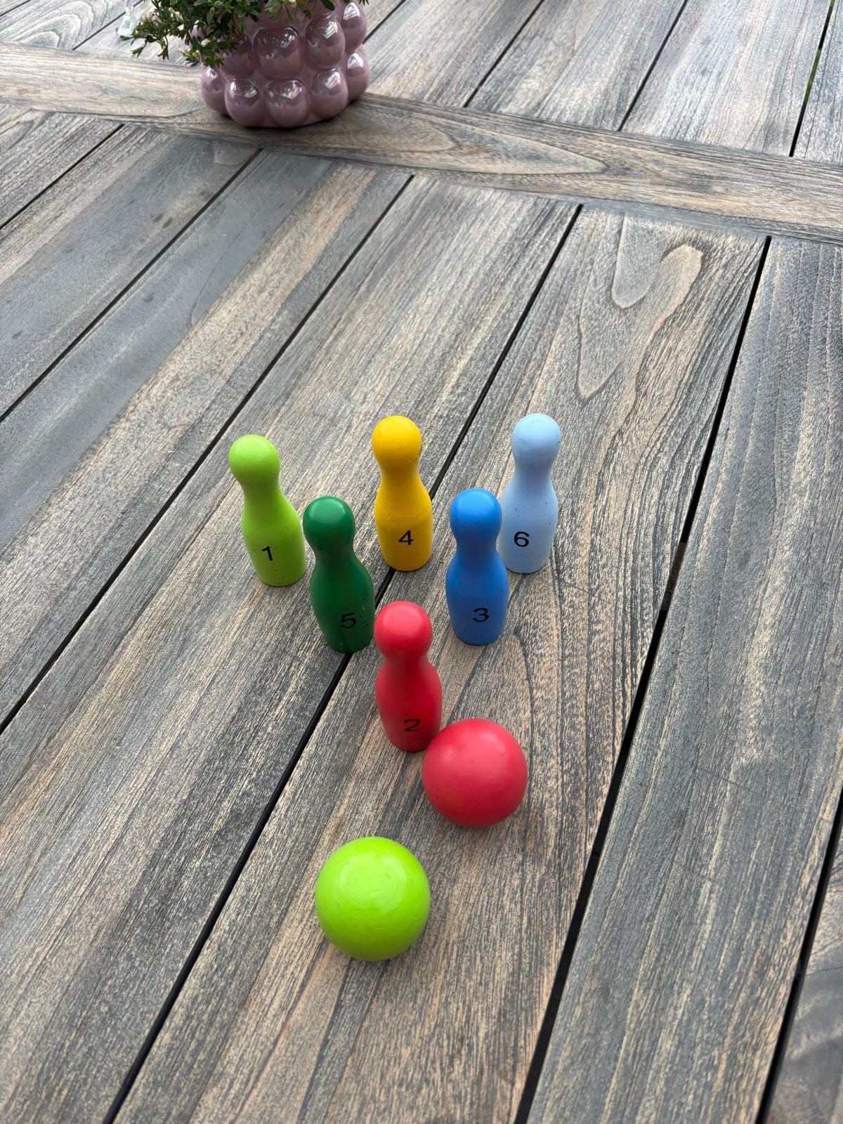 Houten Bowlingspel - 6 Kegels, 2 Ballen, Kinderen en Baby's, Ophalen of Verzenden, Zo goed als nieuw, Jongen of Meisje