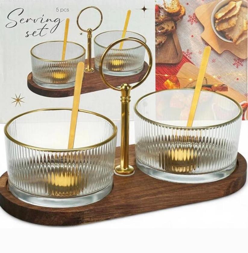 Design serveerset met 2 glazen schaaltjes op acaciahout, Overige materialen, Overige typen, Nieuw, Ophalen of Verzenden