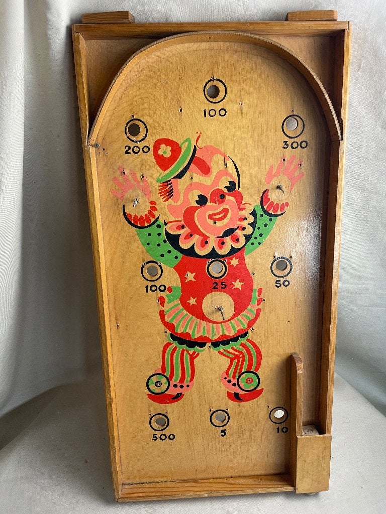 Oud houten knikkerspel tafelflipperkast clown, Antiek en Kunst, Ophalen of Verzenden