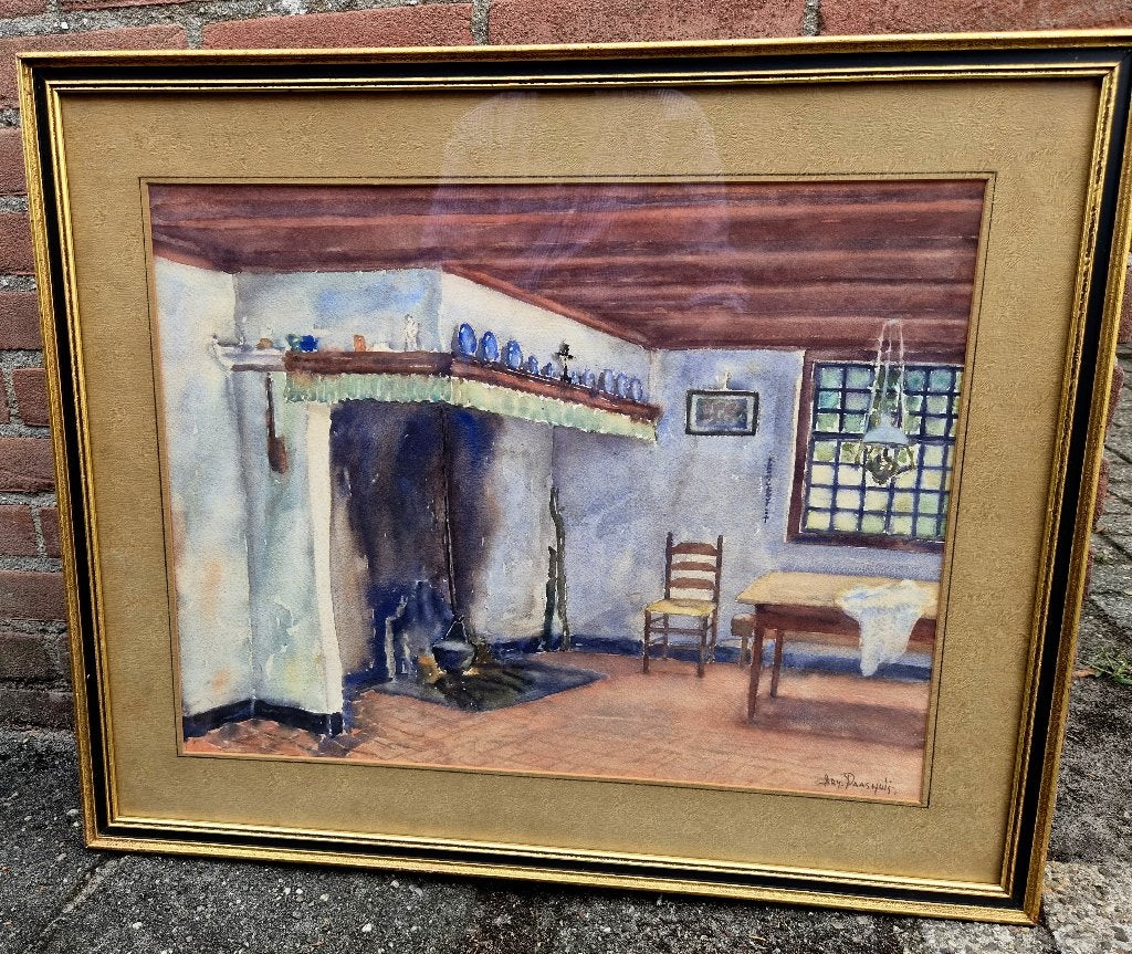 Arnoud PAASHUIS (1912-1974) Boerderij interieur ~1940 aquare, Ophalen of Verzenden
