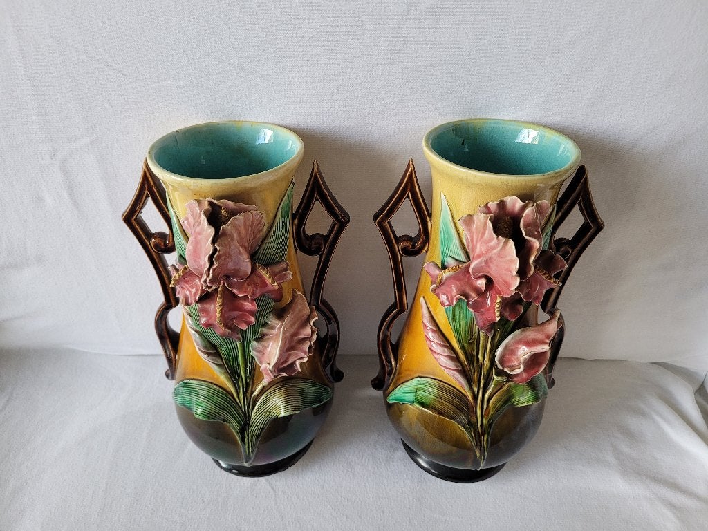 Stel Art Nouveau barbotine vazen 31 cm. majolica, Ophalen of Verzenden