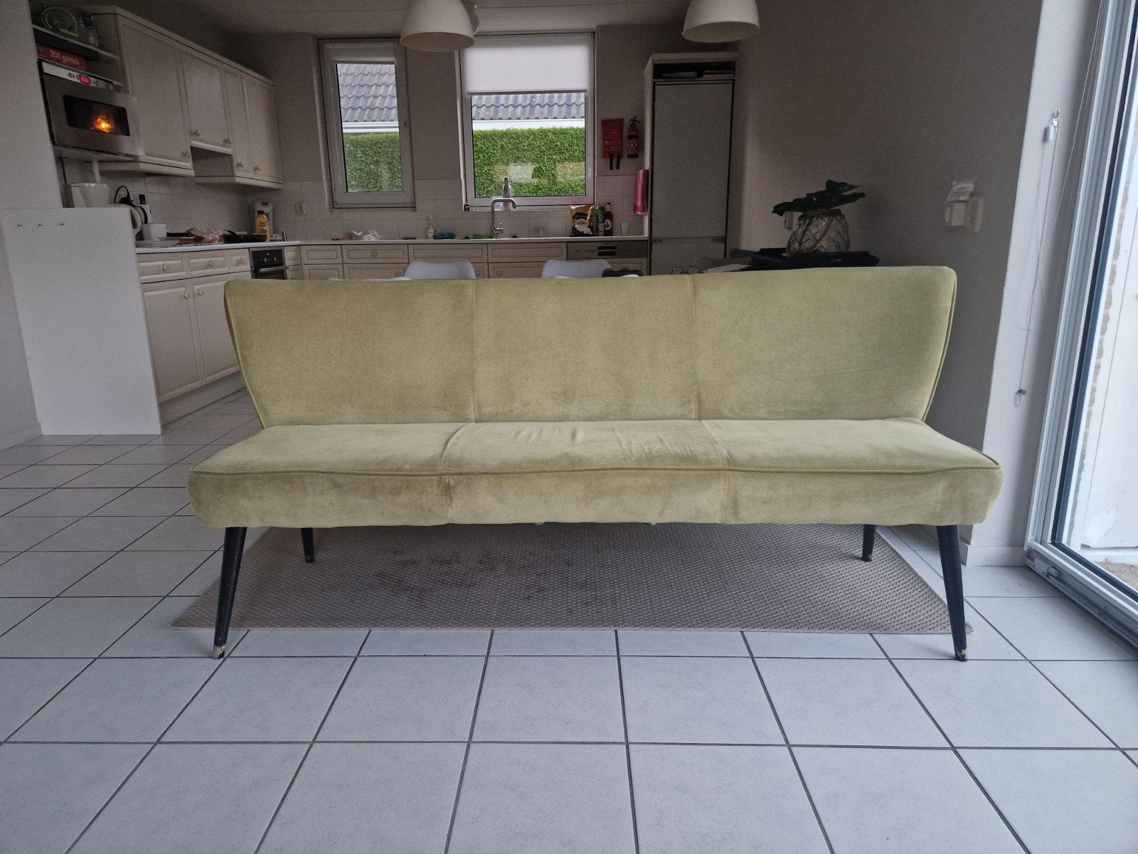 Superleuk Vintage bankje / eetbankje - Olijfgroen velours, Huis en Inrichting, Ophalen, Gebruikt, Stof, Vintage, Retro, Modern