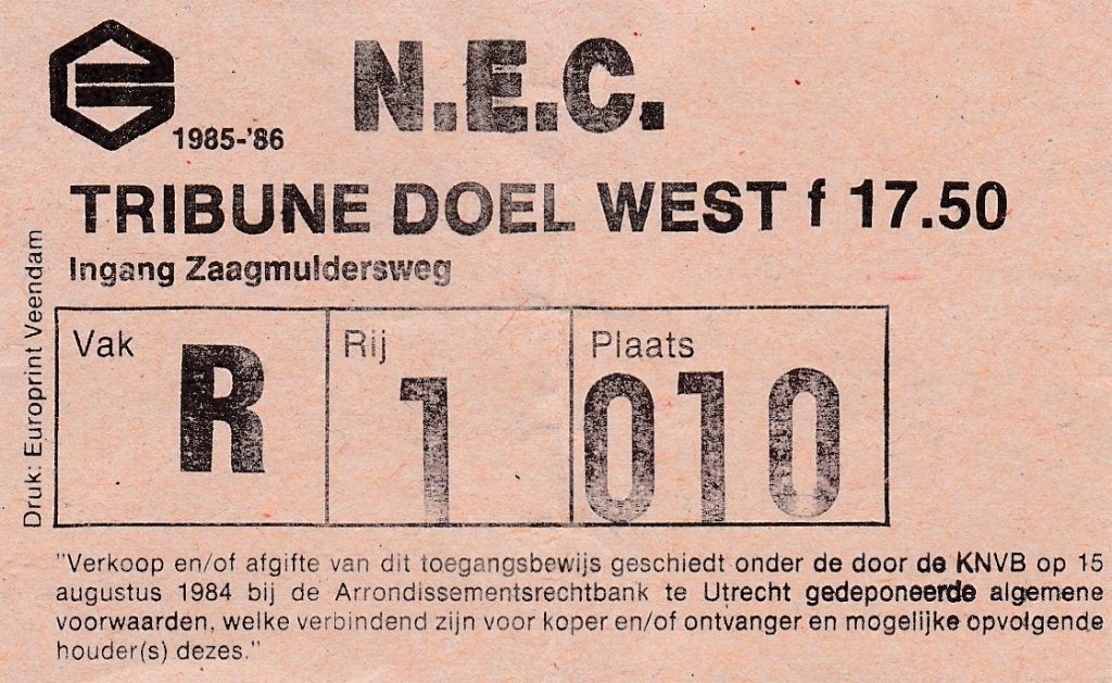Ticket:FC Groningen v NEC NIjmegen 13-04-1986., Verzenden, Gebruikt, Overige binnenlandse clubs, Overige typen