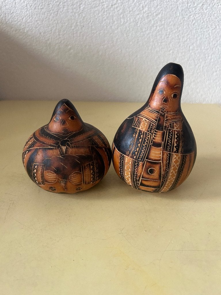 Prachtige Peruaanse kalebas beeldjes - handgesneden, Hout, Bruin, 13 cm, Ophalen of Verzenden