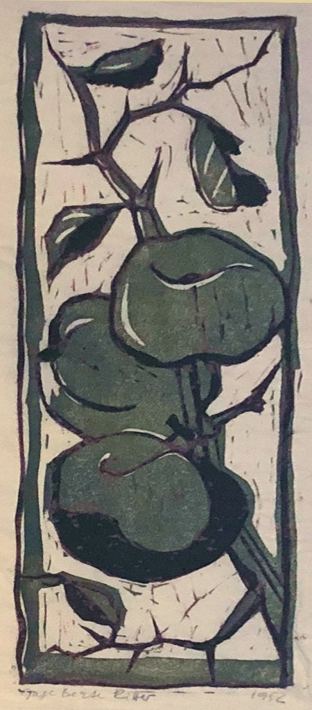 Inge Berte Ritter (XX) Kleurenhoutsnede 'Vruchten' 1952, Antiek en Kunst, Ophalen of Verzenden