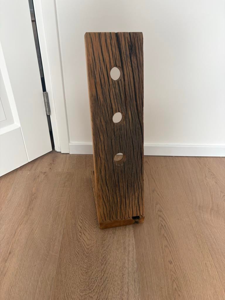 Wijnrek van oud wagonplank hout voor 3 flessen, Ophalen, Gebruikt, Minder dan 5 flessen, Minder dan 50 cm