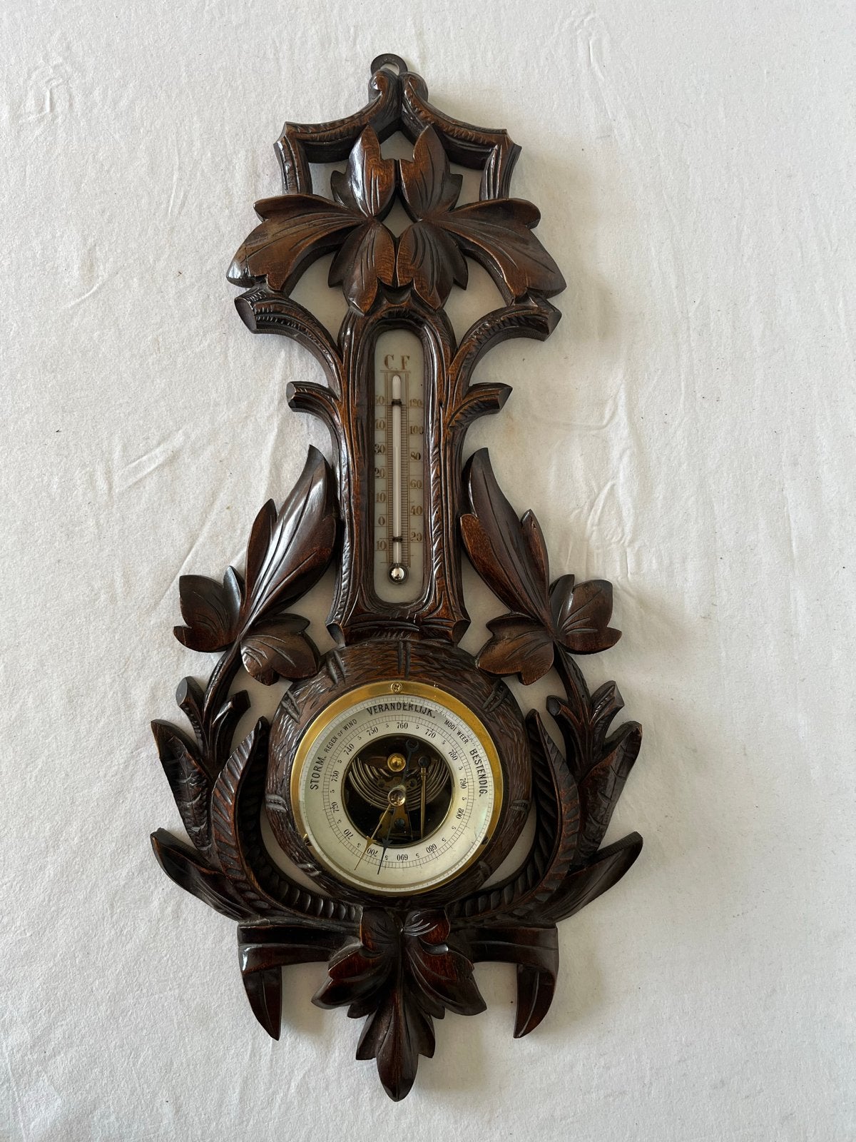 Antieke Houten Barometer met Thermometer - Wandmodel, Antiek en Kunst, Ophalen of Verzenden