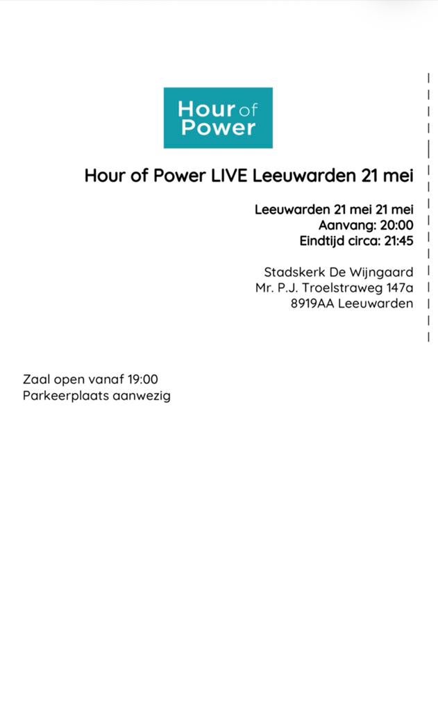 2 kaarten Hour of Power 21 mei met Bobby Shuller, Tickets en Kaartjes, Twee personen, Mei