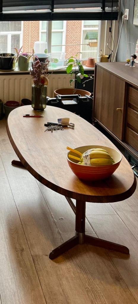 Salontafel 60s - pallisander vineer - vintage - gebruikt, Ophalen, 100 tot 150 cm, Midcentury, Gebruikt