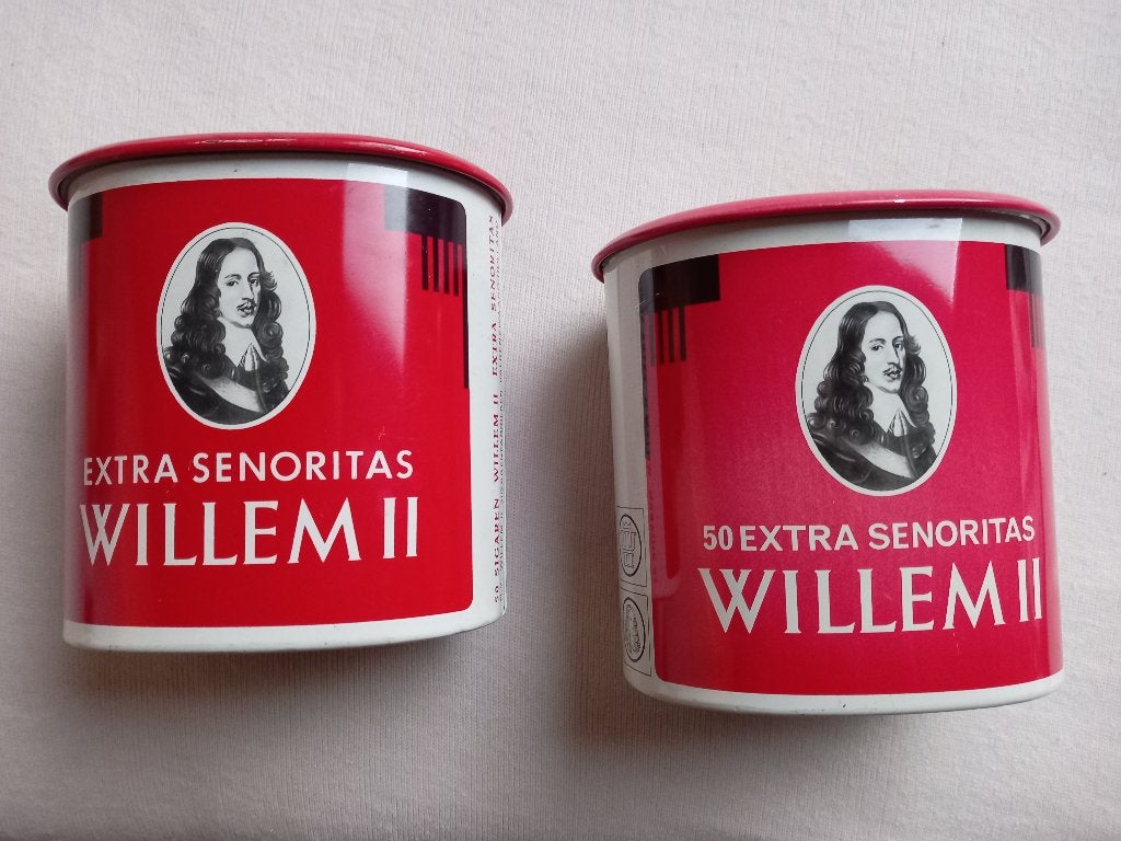 Koning Willem II Extra Senoritas 50 sigaren bewaarblikken, Ophalen of Verzenden, Gebruikt, Verpakking