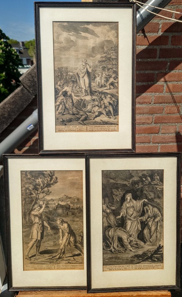Drie Biblische gravures ui 1723 in een koop. Pigne, Surugne, 46 cm, Religie, Met monogram, Ophalen of Verzenden