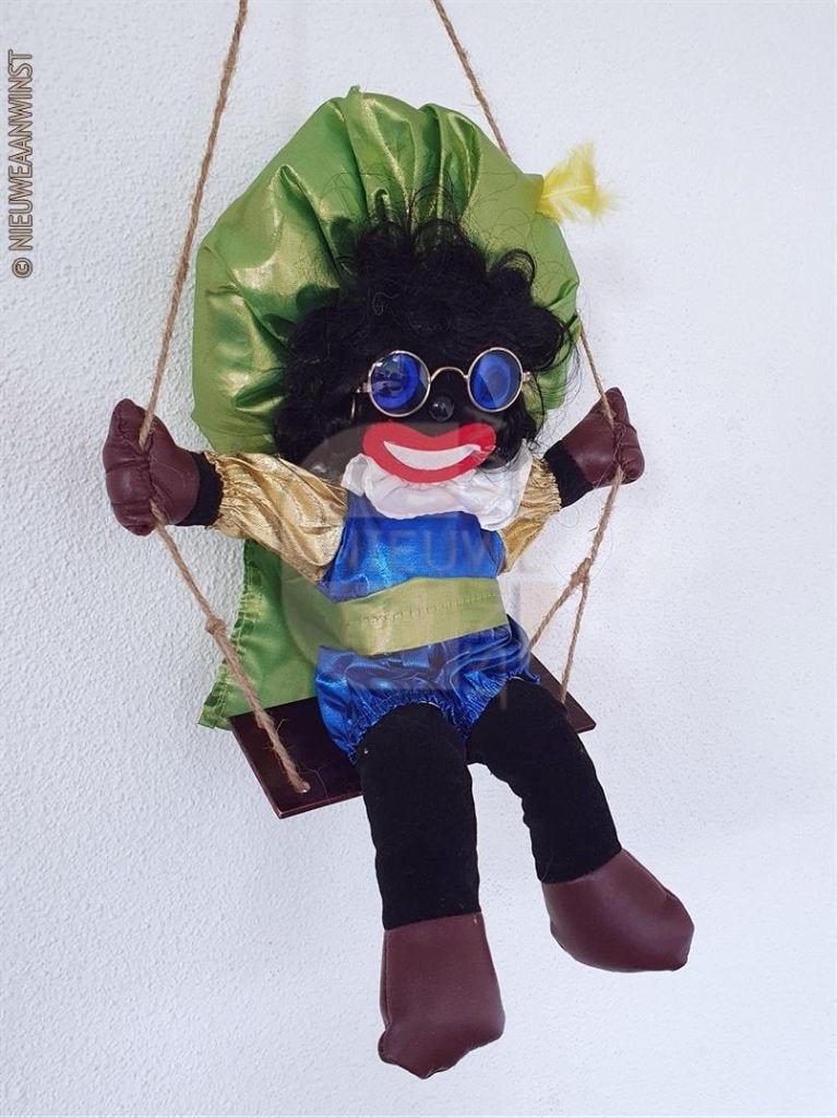 Nostalgische vintage Piet pop schommel - 35cm, groen/blauw, Diversen, Sinterklaas, Verzenden, Gebruikt