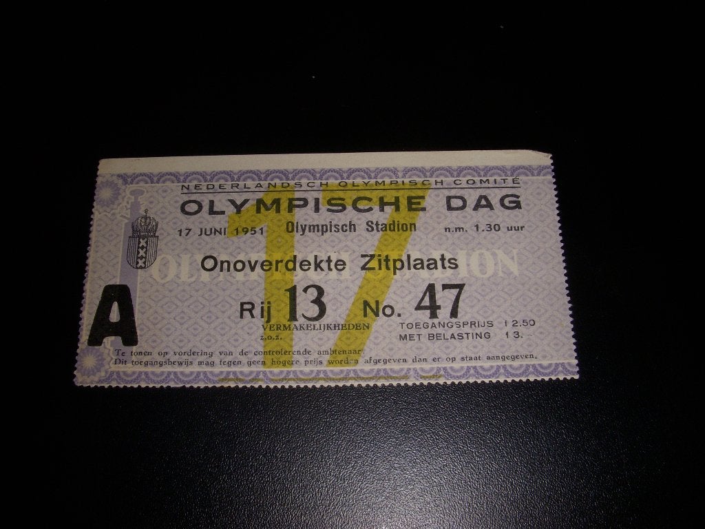 Toegangskaartje Olympische Dag Olympisch Stadion A'dam 1951, Verzamelen, Ophalen of Verzenden, Gebruikt, Overige binnenlandse clubs