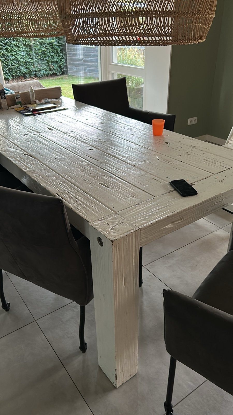 Gratis afhaal: Witte Teakhouten Tafel 250x100 cm, Gebruikt, 100 tot 150 cm, Teakhout, 200 cm of meer