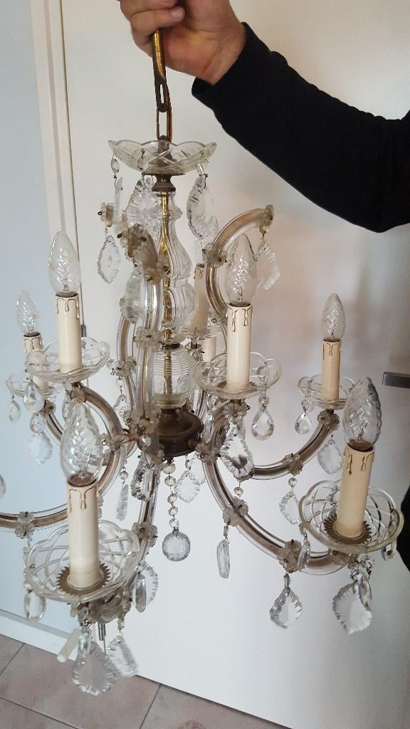 Prachtige antieke 6 armige kristallen kroonluchter kroon, Huis en Inrichting, Ophalen, Gebruikt, Glas