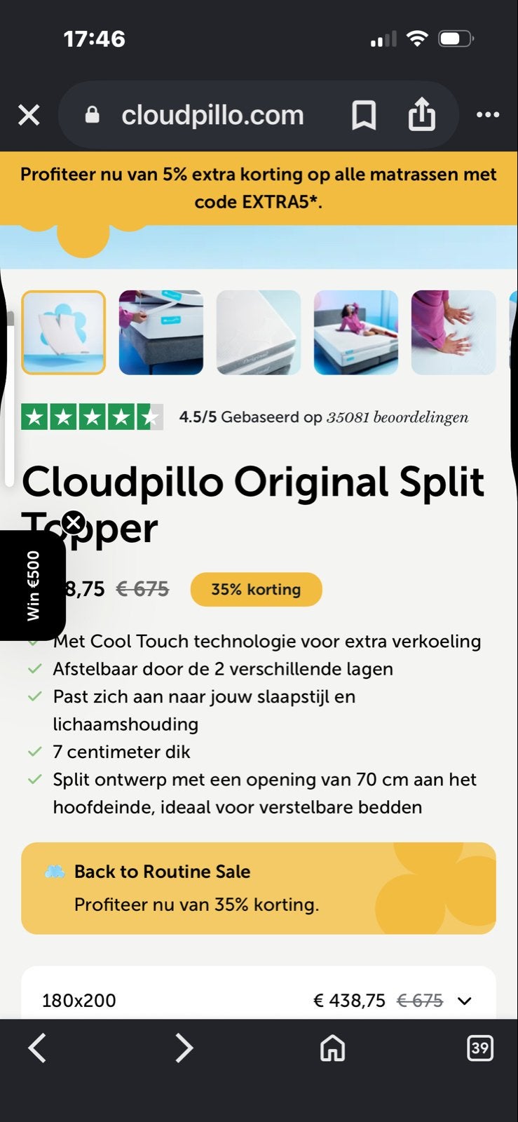 Cloudpillo Split Topper 180x200 cm - Zo goed als nieuw, Huis en Inrichting, Ophalen, Tweepersoons, Zo goed als nieuw, Matras