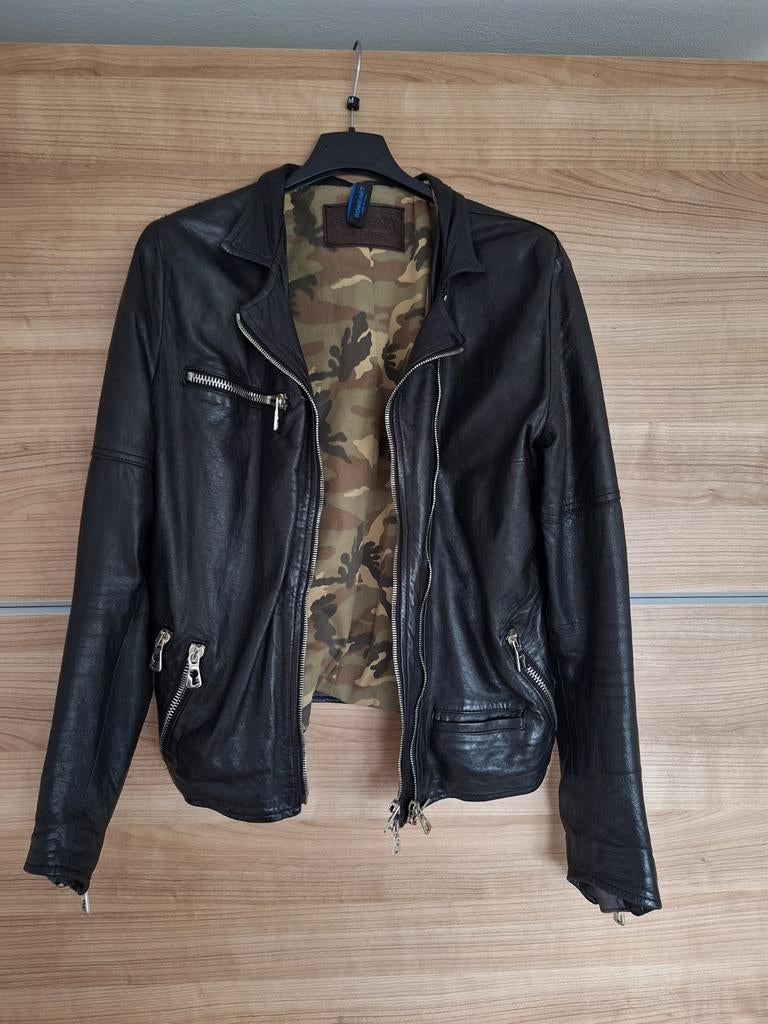 Zwart Leren Bikerjack met Camouflage Voering, Kleding | Dames, Italië, Zwart, Ophalen of Verzenden, Maat 36 (S)