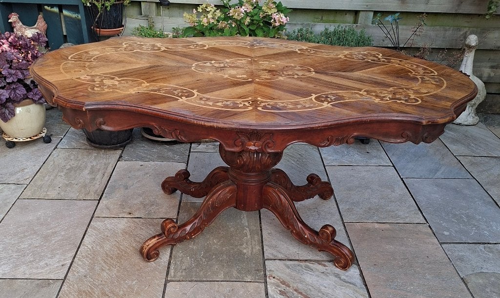 Antieke Mahonie baroktafel met fineerinleg ovaal170x110 75Ho, Ophalen