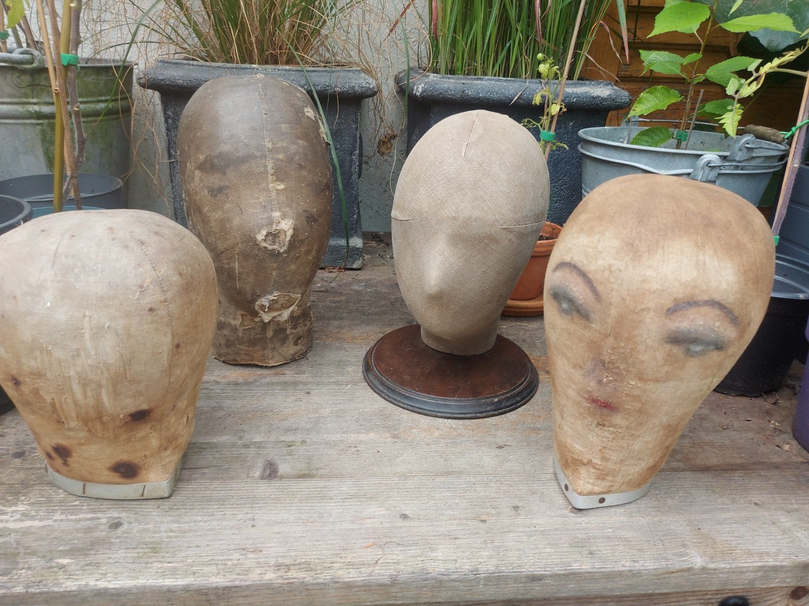 4 stuks oude linnen koppen pruikenkop hoedenhoofd, Ophalen of Verzenden