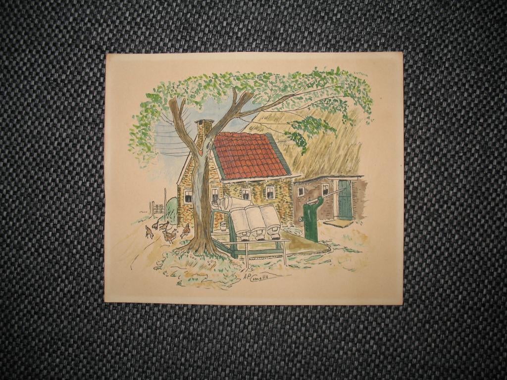 Tekening Boerderij Huisje Gekleurd Mooi Vintage, Ophalen of Verzenden