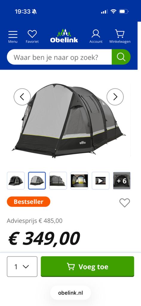 Obelink Tunnel Tent Easy Air 4 - Zo goed als nieuw!, Caravans en Kamperen, Tenten, Ophalen of Verzenden, Zo goed als nieuw, Tot en met 4