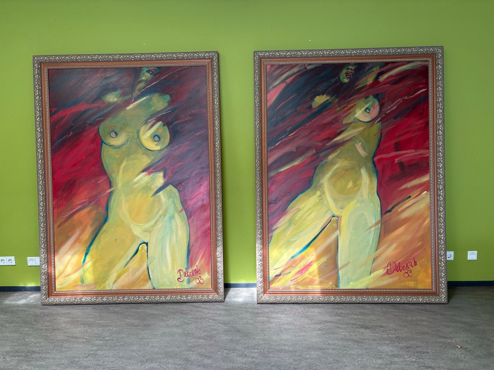 Grote schilderijen van Deborah - set van 2, Antiek en Kunst, Ophalen, Figuren, Textiel, Gesigneerd