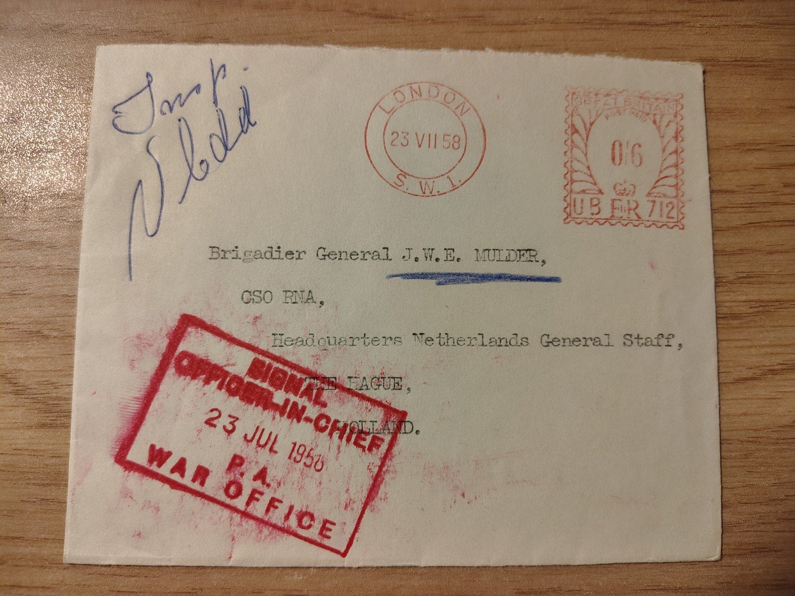 Verenigd Koninkrijk Enveloppe Signal Office-In-Chief, Verzamelen, Militaria | Algemeen, Ophalen of Verzenden, Landmacht, Nederland