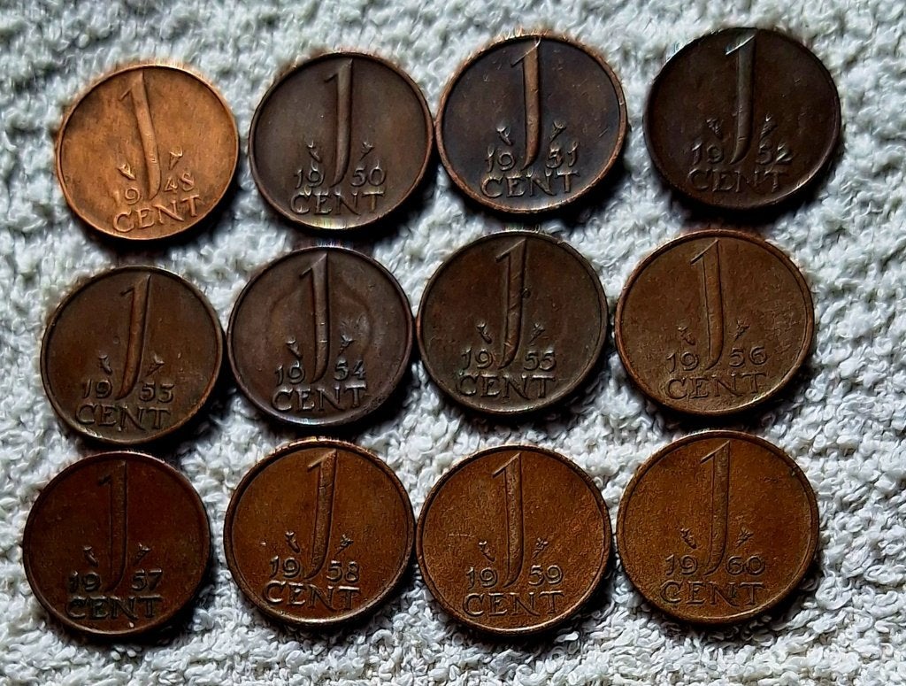 Centen 1948 t/m 1960, Ophalen of Verzenden, Koningin Juliana, 1 cent, Setje