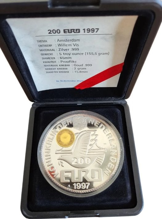 Nederland Zilveren 200 Euromunt 1997 met Gouden Kinebar, Ophalen of Verzenden, Zilver