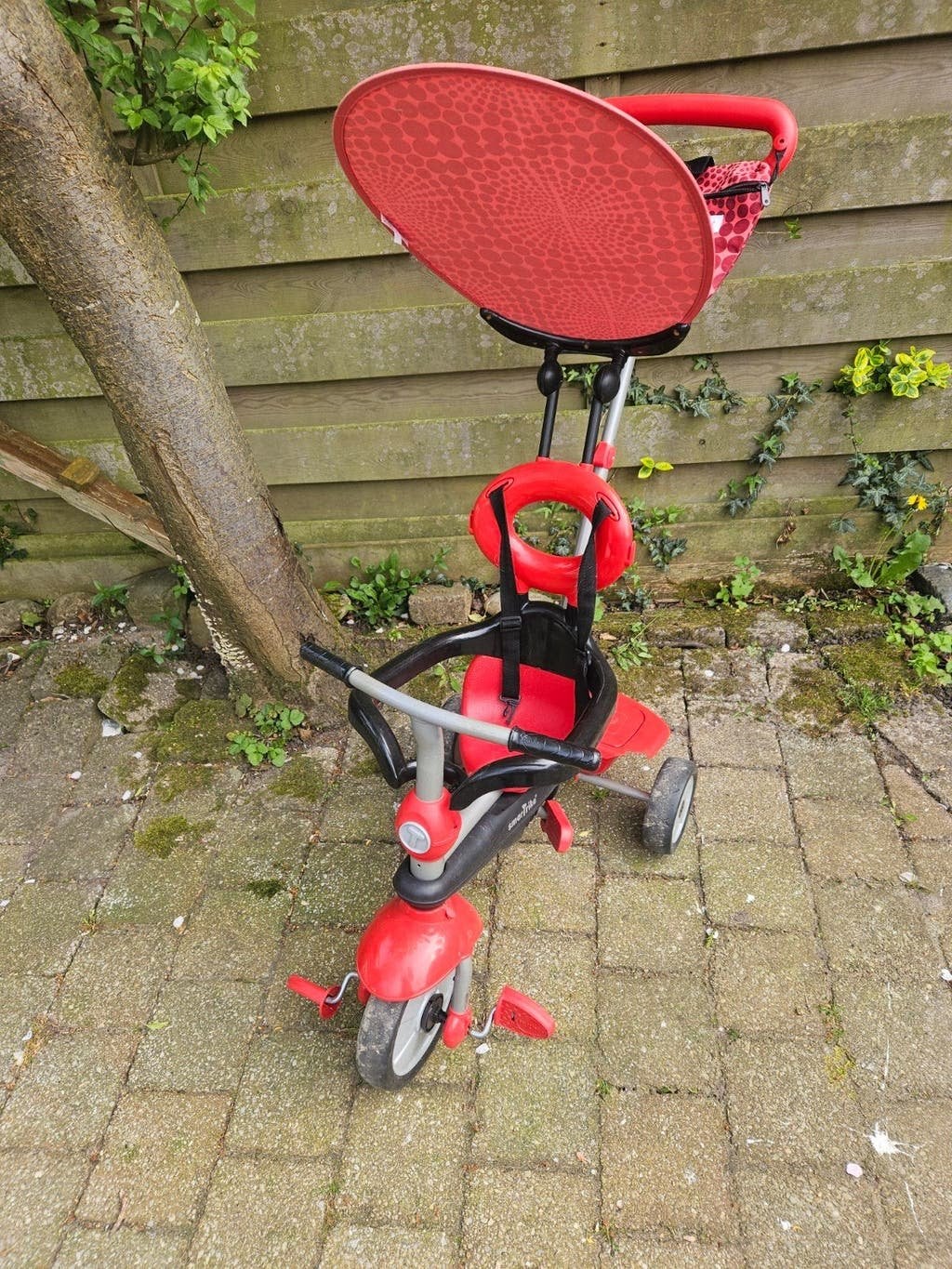 Rode Driewieler met duwstang en veiligheidsriem in z.g.a.n., Fietsen en Brommers, Ophalen, Zo goed als nieuw, Duwstang