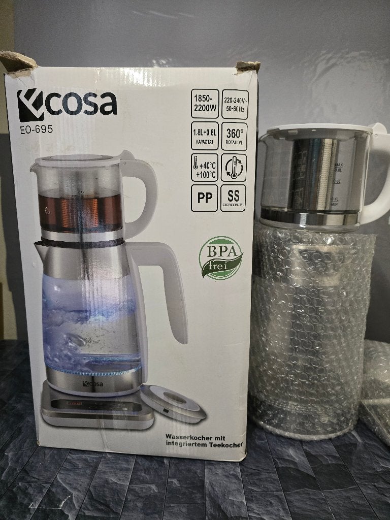 Kcosa EO-695 Waterkoker met geïntegreerde theemaker, 2 liter of meer, Ophalen of Verzenden, Zo goed als nieuw, Rvs