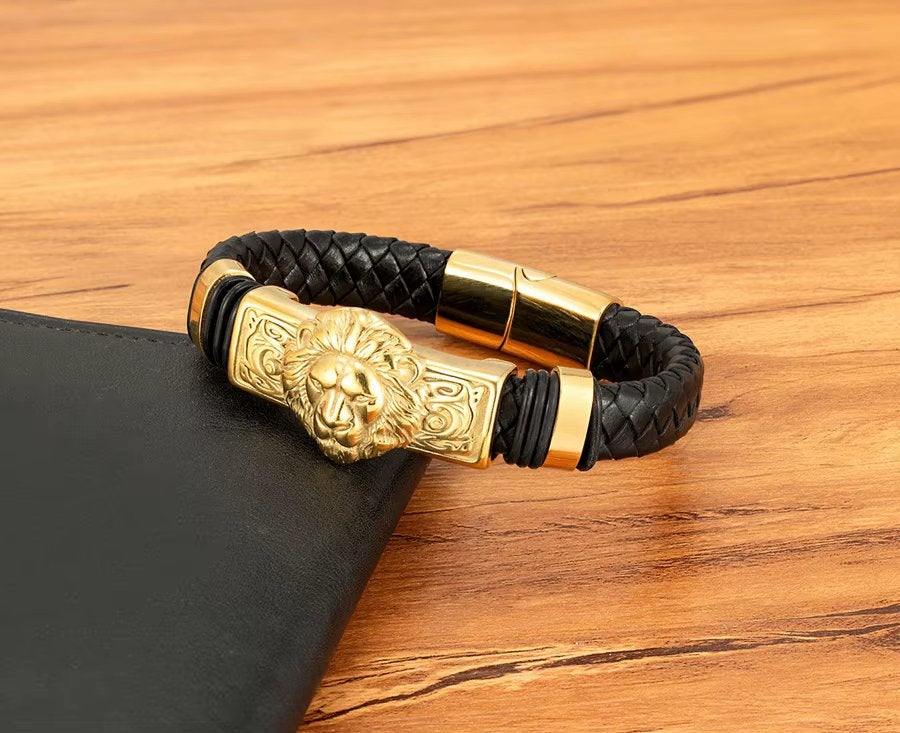 Zwarte Gouden Leeuwenkop Heren Armband, Verzenden, Nieuw, Zwart, Leer
