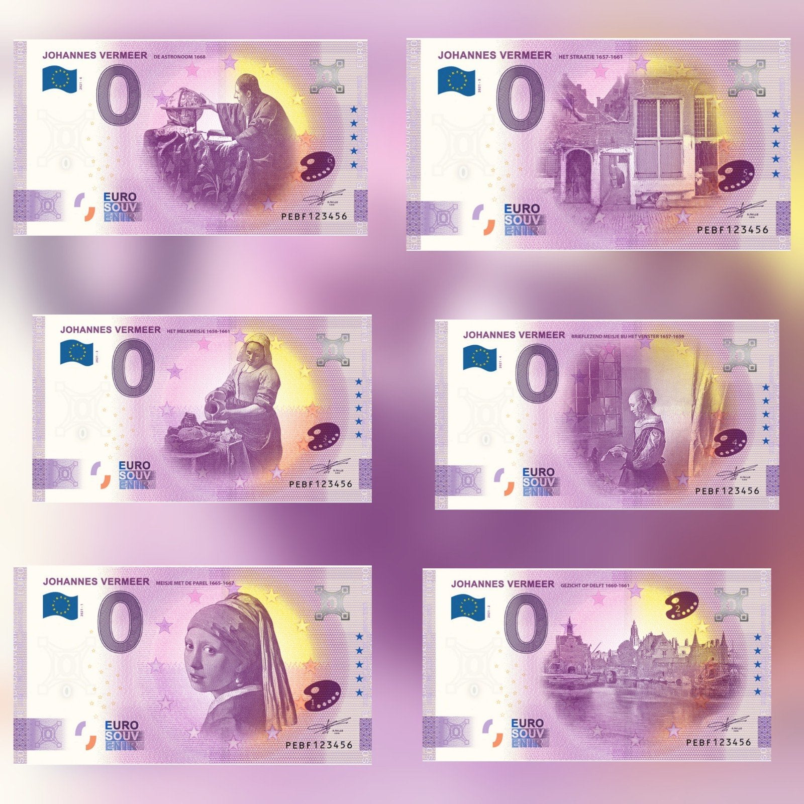 6x 0 Euro biljetten Johannes Vermeer 2021, Ophalen of Verzenden, Overige landen
