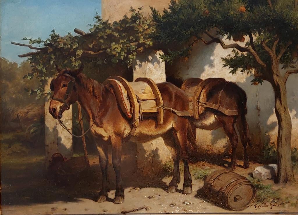 Wouter Verschuur jr. '' muilezels bij Z.-fr. boerderij. ', Antiek en Kunst, Kunst | Schilderijen | Klassiek, Ophalen of Verzenden