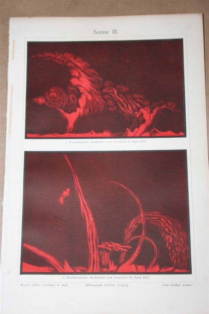 Antieke kleurenprent - Zon met protuberans [Trouvelot] - 190, Ophalen of Verzenden, Voor 1940, Gebruikt, Overige onderwerpen