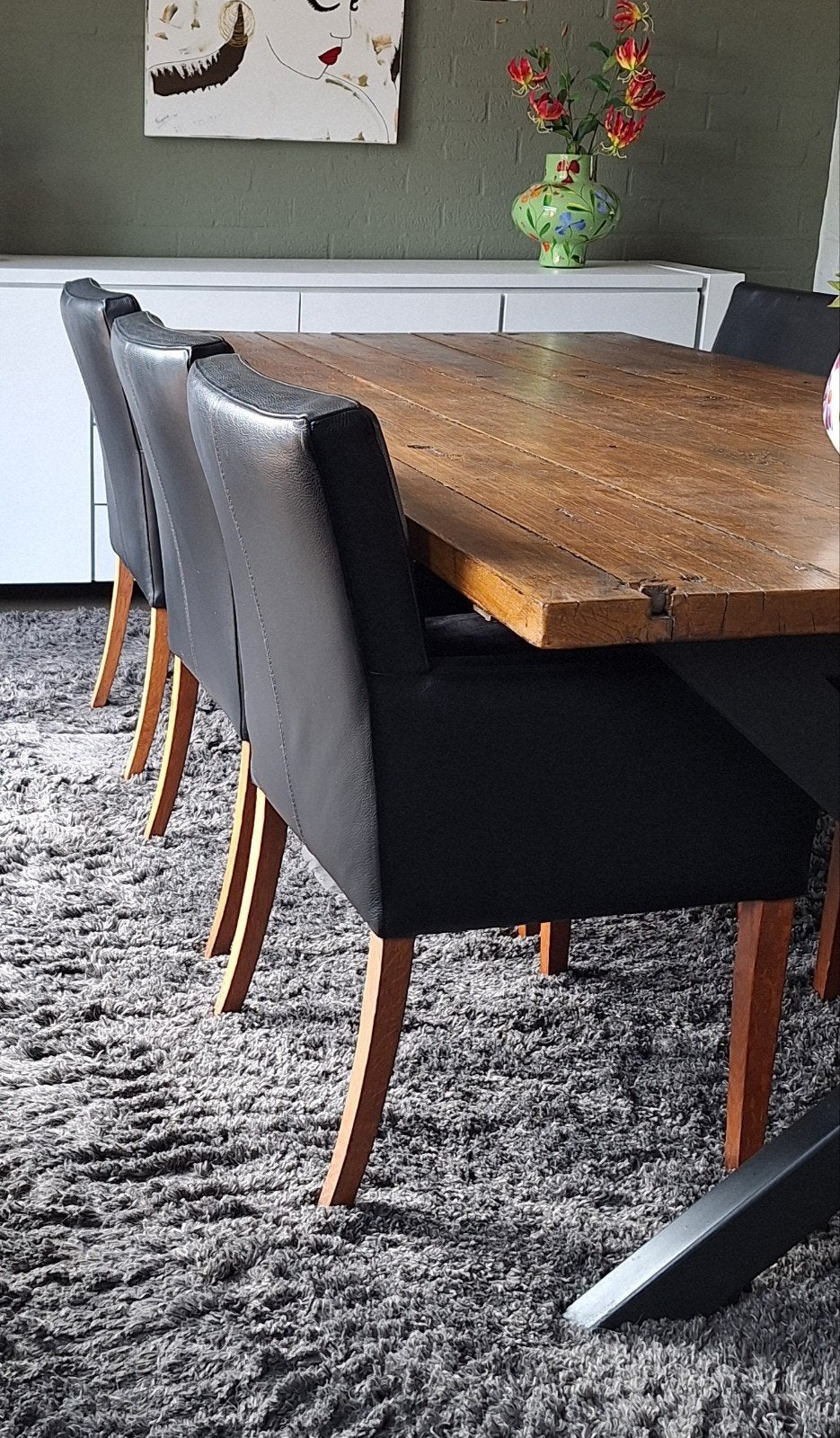 6 Zwarte Lederen eetkamer stoelen met Houten Poten, Ophalen, Zwart, Leer
