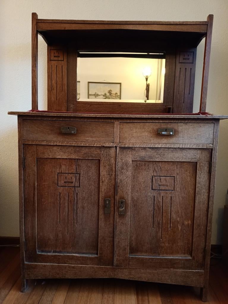 Antiek eiken dressoir met spiegel, Art Nouveau stijl, Antiek en Kunst, Antiek | Meubels | Kasten, Ophalen of Verzenden