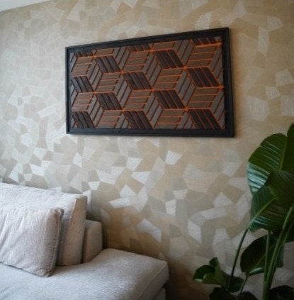 Uniek handgemaakt houten wandpaneel - 3D hexagon design, Hout, Meerkleurig, Ophalen of Verzenden, Zo goed als nieuw