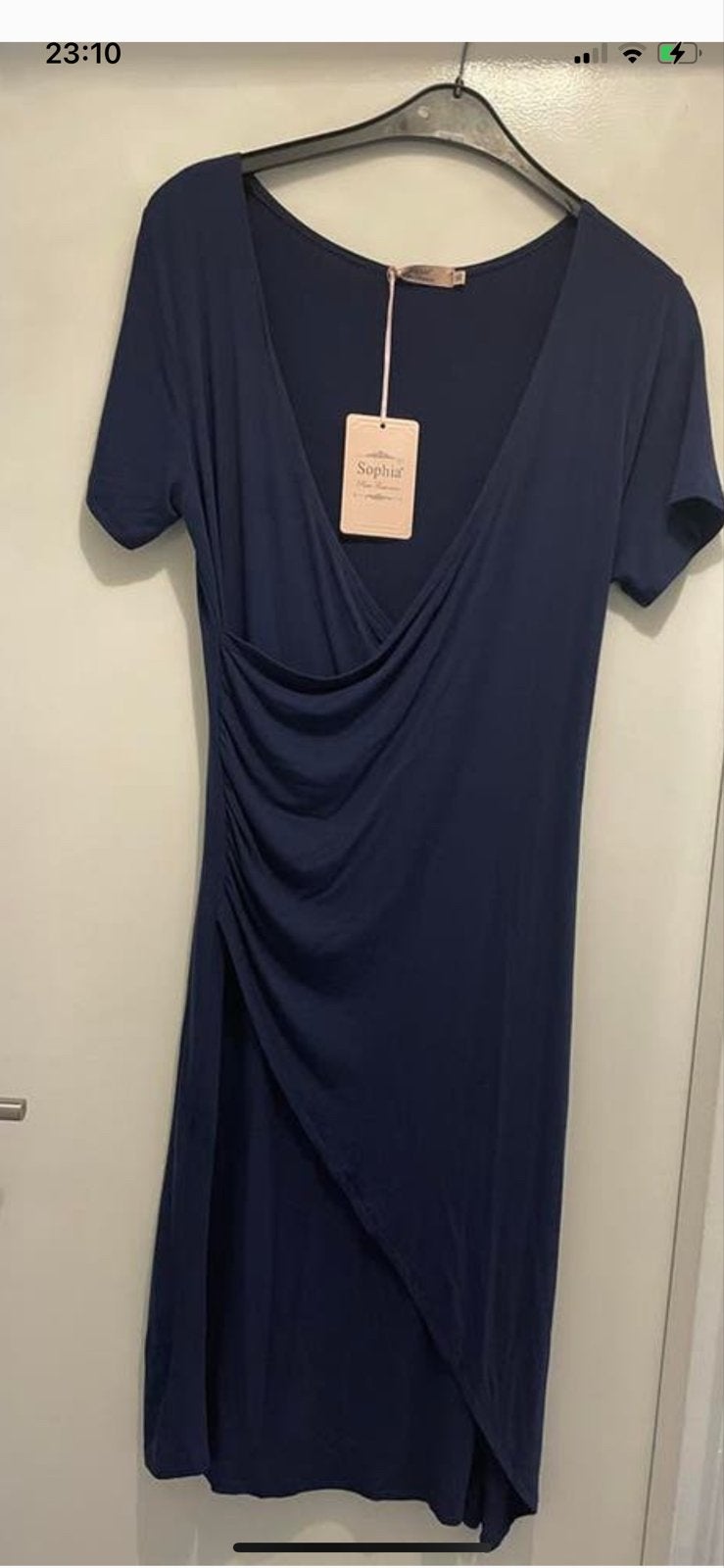 Sophia Donkerblauwe Jurk met Overlap en Ruches maat XL nieuw, Ophalen, Blauw, Maat 46/48 (XL) of groter, Nieuw