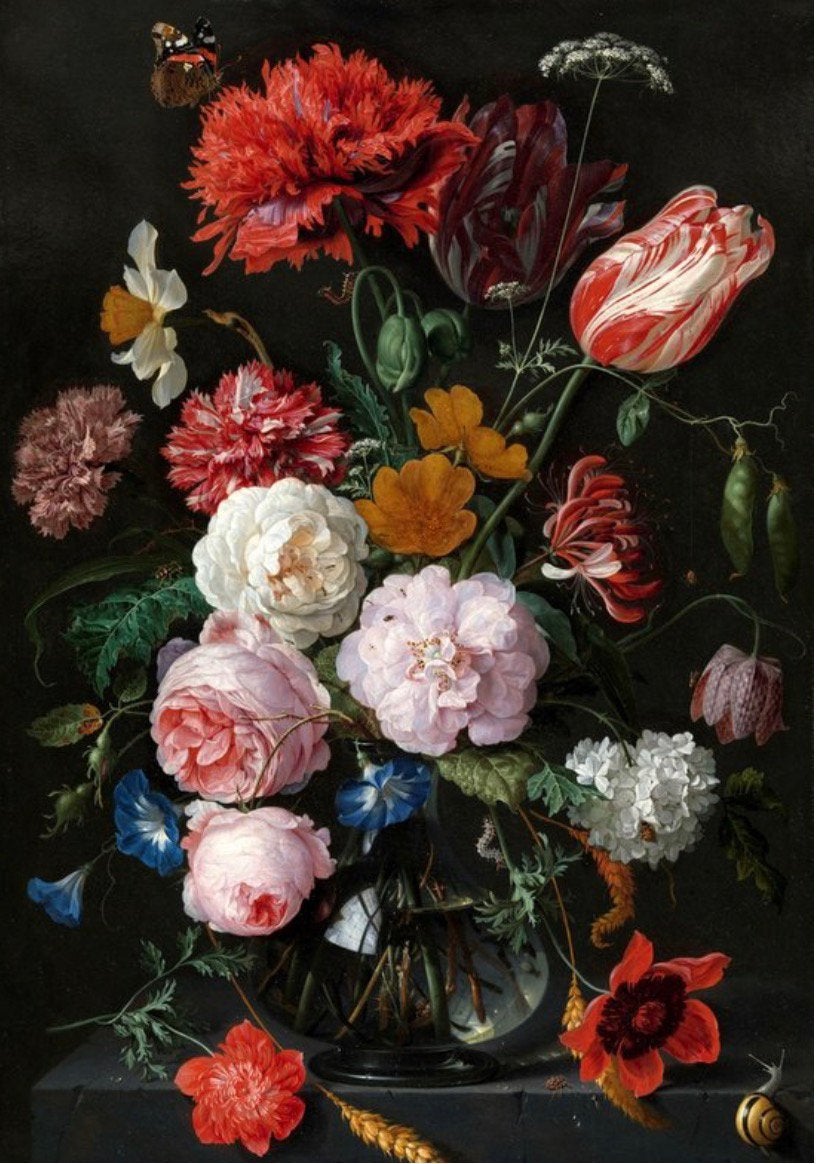 Stilleven met bloemen in glazen vaas - 70 - 100cm, Ophalen of Verzenden, Zo goed als nieuw, Kunststof