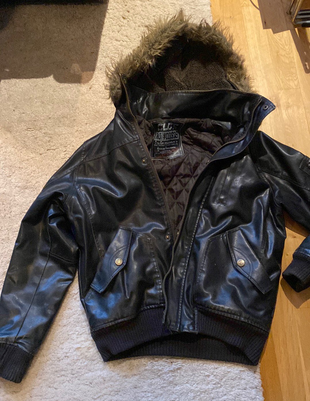 Stoer donkerbruin ‘leren’ jack Coolcat met capuchon maat S, Ophalen of Verzenden, Gedragen, Maat 46 (S) of kleiner, Bruin