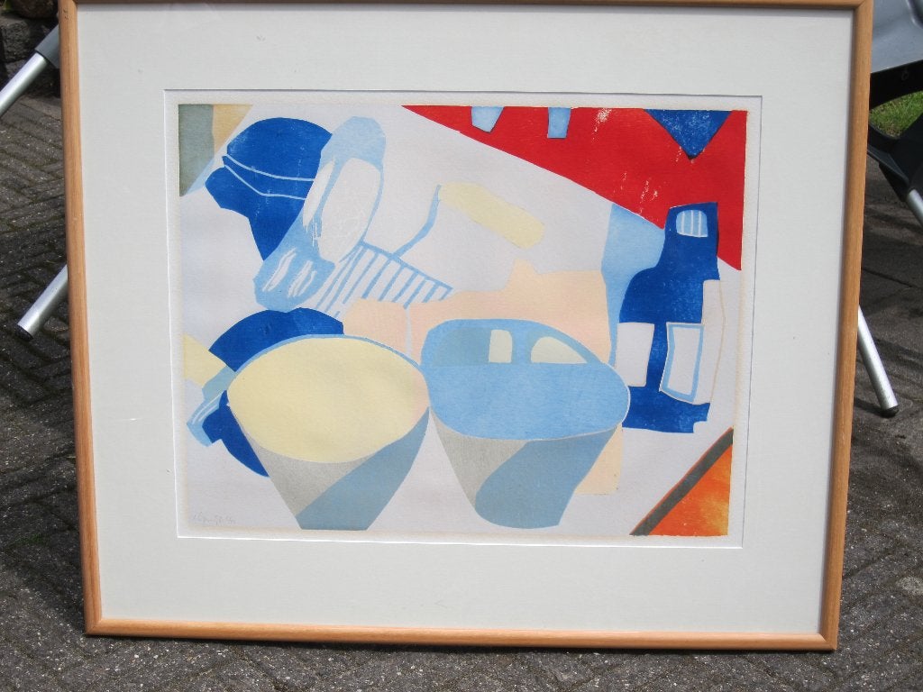 Houtsnede "Verftafel" van Vincent van Ojen, Ophalen, Stilleven, Papier/karton, Achter glas